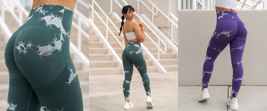 A fitness model wearing tie-dye contour leggings with a scrunch effect, highlighting her curves and enhancing her figure. These stylish and functional leggings are perfect for workouts. Available now!